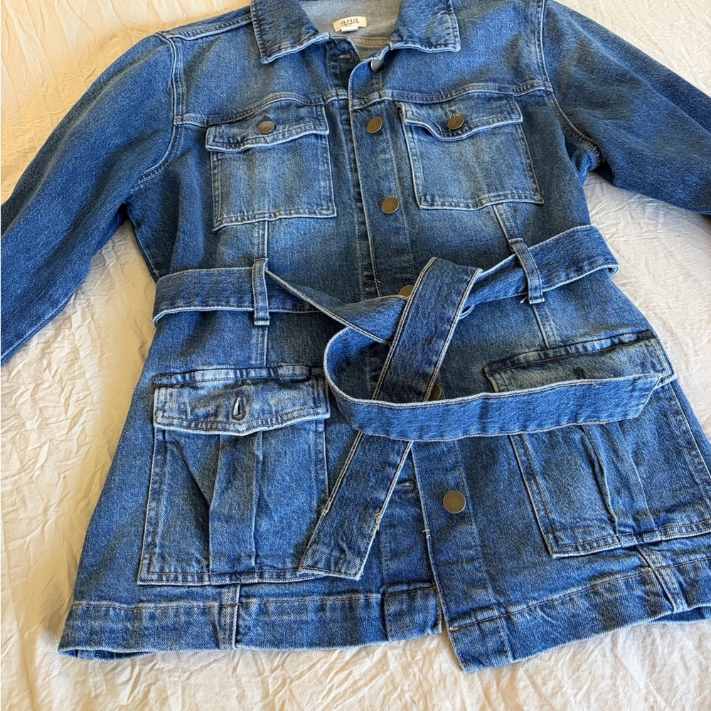 Denim Button-Front Jacket with Belt - Blue - Picture 8 of 10